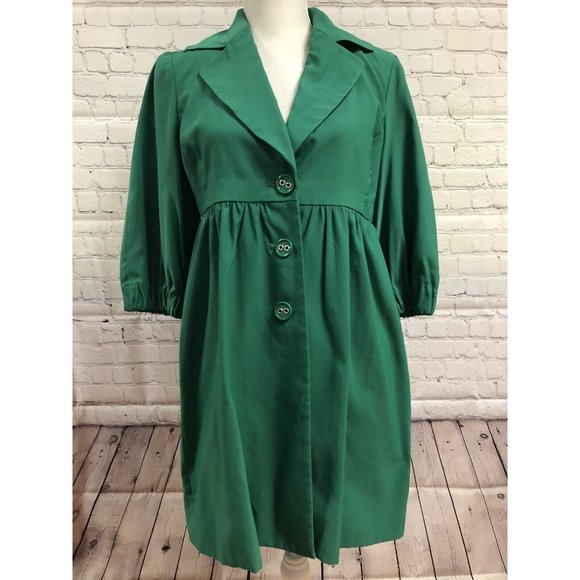 Nine West Womens Small Green Trench Coat Lined Pockets Three Button Front Collar